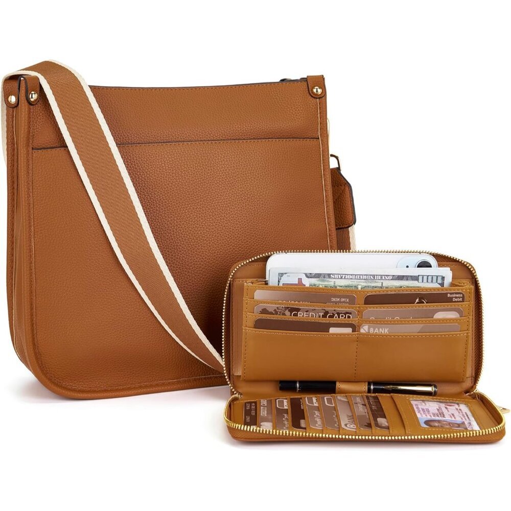 Trendy 2PCS Crossbody Bags Women Vegan Leather Hobo Set Brown